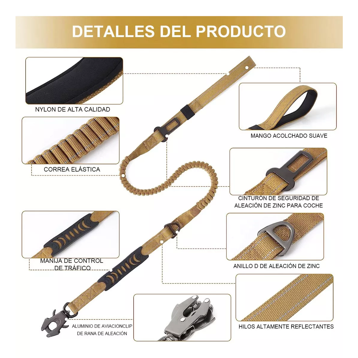 Correa Cinturón De Seguridad Para Perro Grande Reflectante Caqui