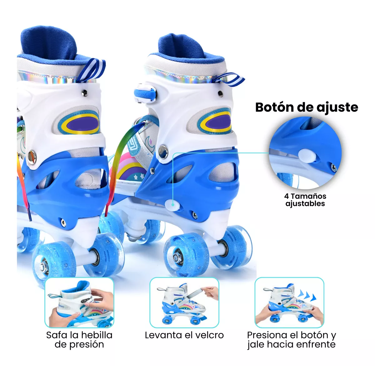 Patines De 4 Ruedas Para Niños Ajustables Con Freno Y Luces Azul Talla L