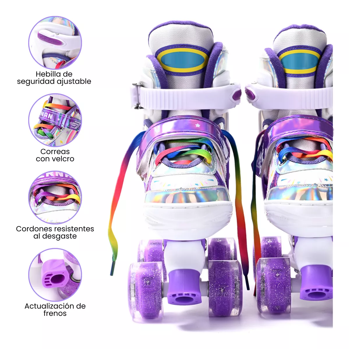Patines De 4 Ruedas Para Niños Ajustables Con Freno Y Luces Lila Talla M