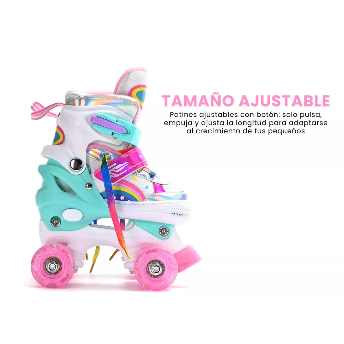 Patines De 4 Ruedas Para Niños Ajustables Con Freno Y Luces Rosa Talla L