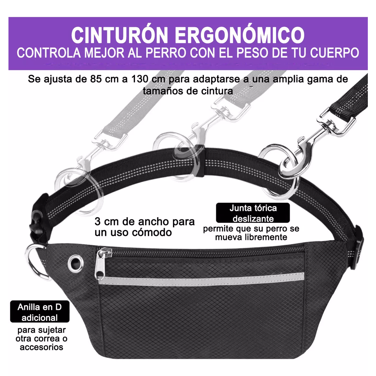 Riñonera y Correa Para Perro Manos Libres Caminar Correr Negro