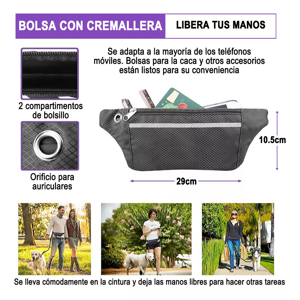 Riñonera y Correa Para Perro Manos Libres Caminar Correr Negro
