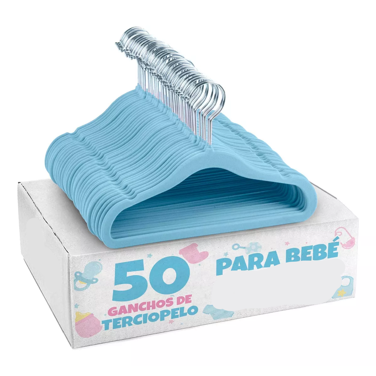 50 Ganchos de Terciopelo para Ropa de Bebe Antideslizante, 29 cm Azul claro