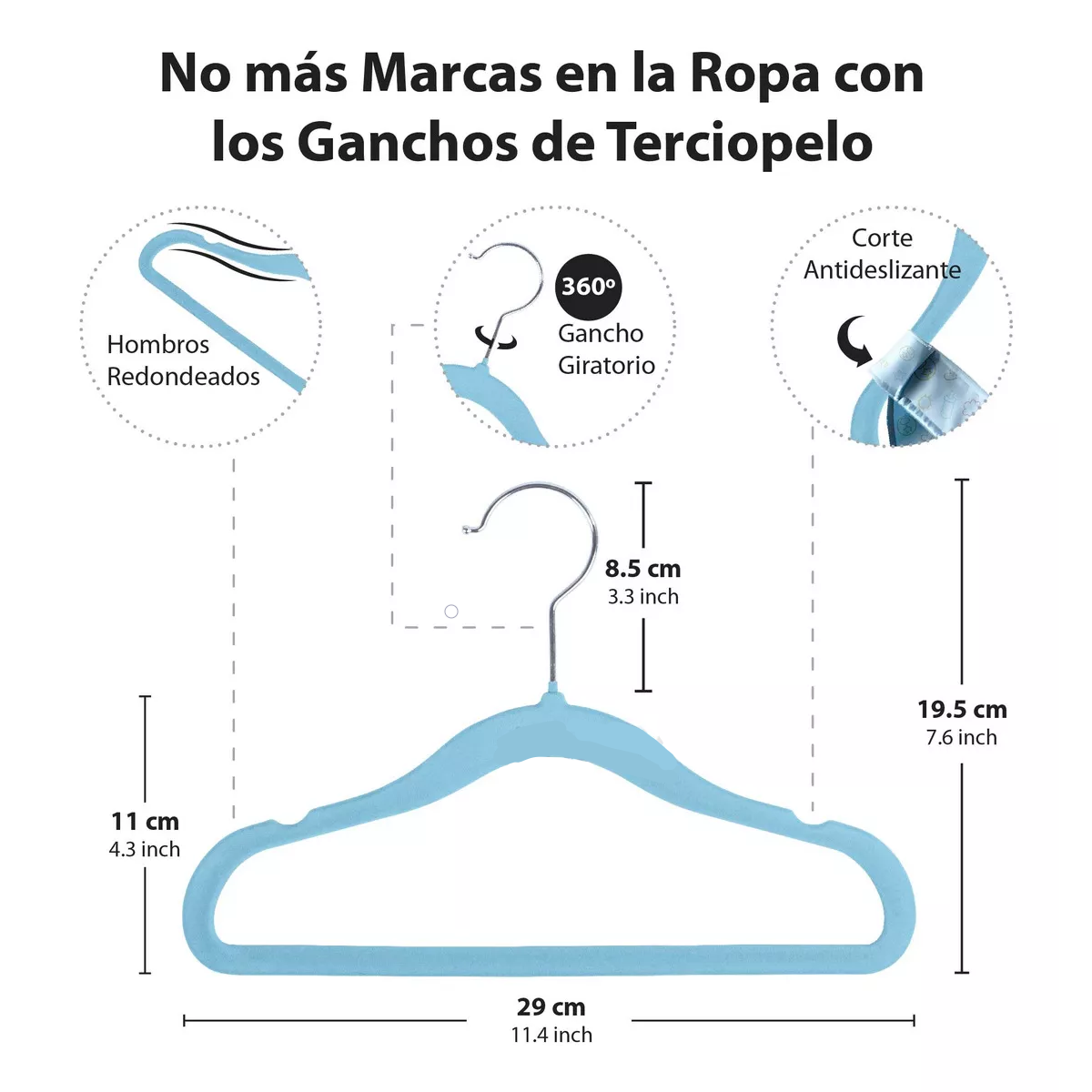 50 Ganchos de Terciopelo para Ropa de Bebe Antideslizante, 29 cm Azul claro