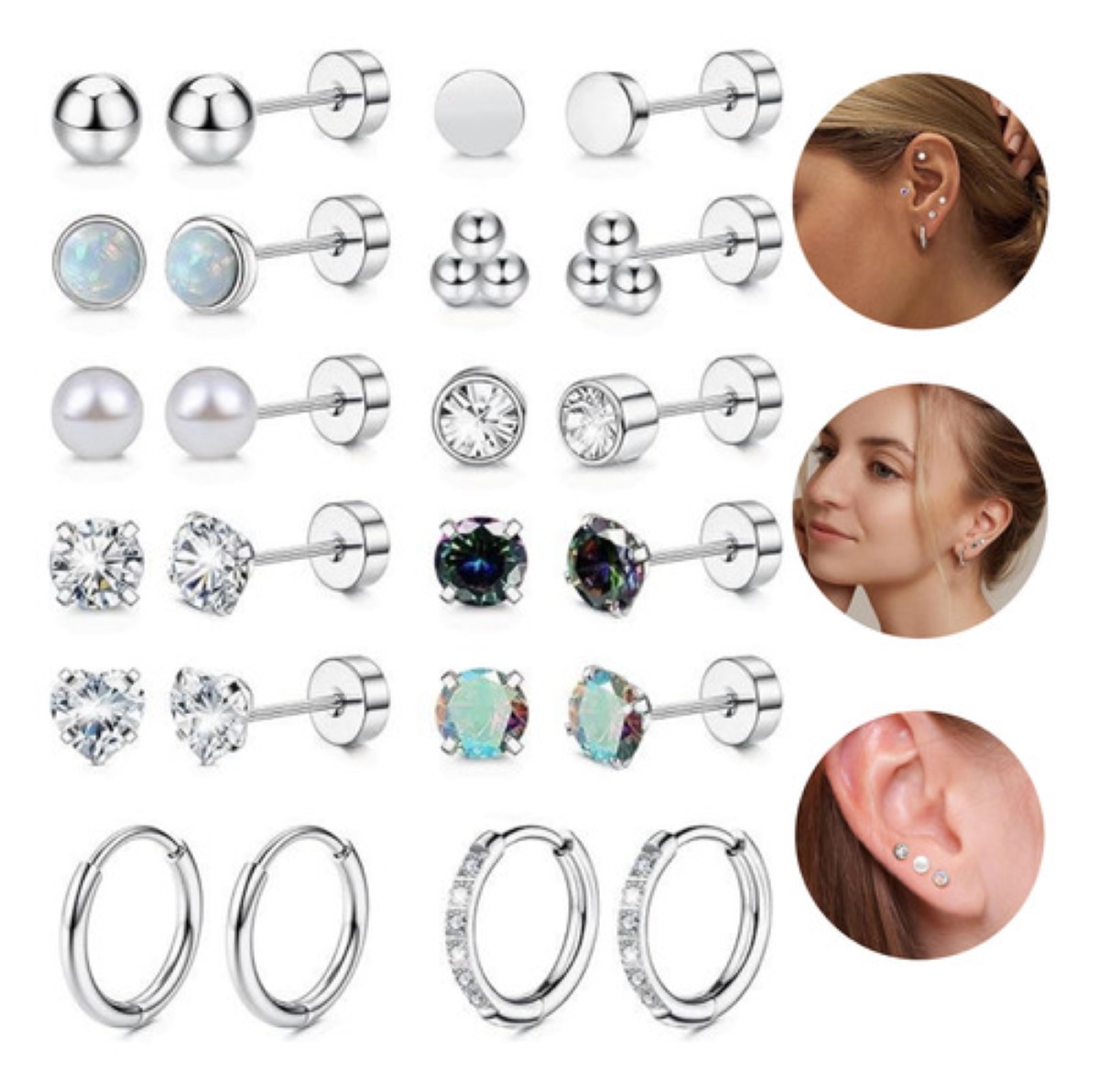 12pare Piercing Arete Oreja Cartílago Mujer Acero Inoxidable PLATA