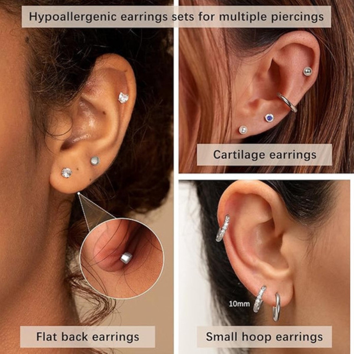 12pare Piercing Arete Oreja Cartílago Mujer Acero Inoxidable PLATA