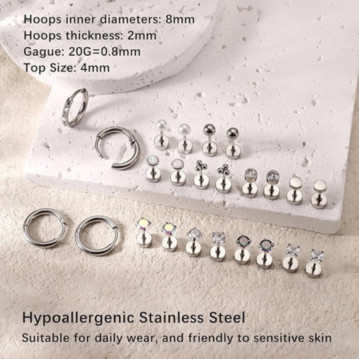 12pare Piercing Arete Oreja Cartílago Mujer Acero Inoxidable PLATA