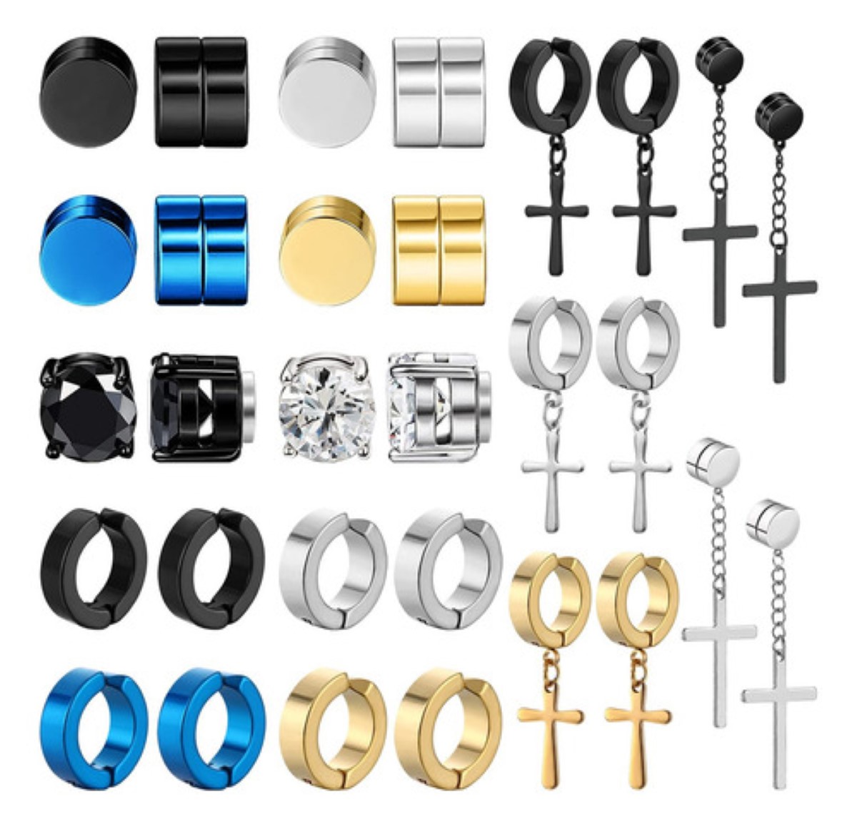30 Piezas Aretes Falsos Piercing Hombre Imán Acero Cruz NEGRO PLATA DORADO AZUL
