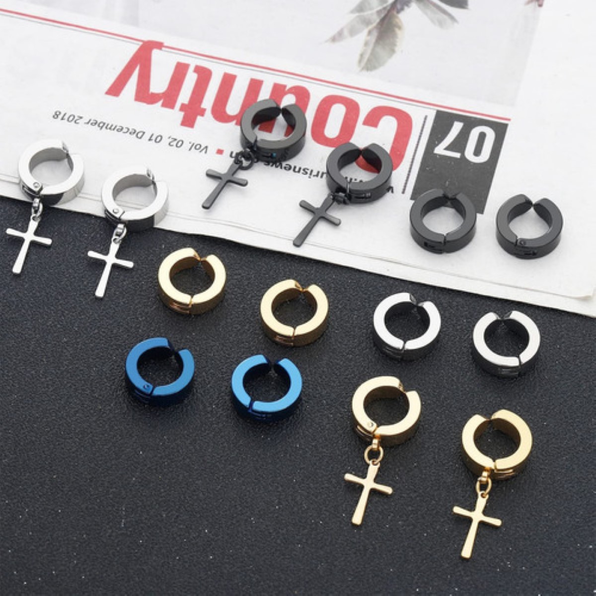 30 Piezas Aretes Falsos Piercing Hombre Imán Acero Cruz NEGRO PLATA DORADO AZUL
