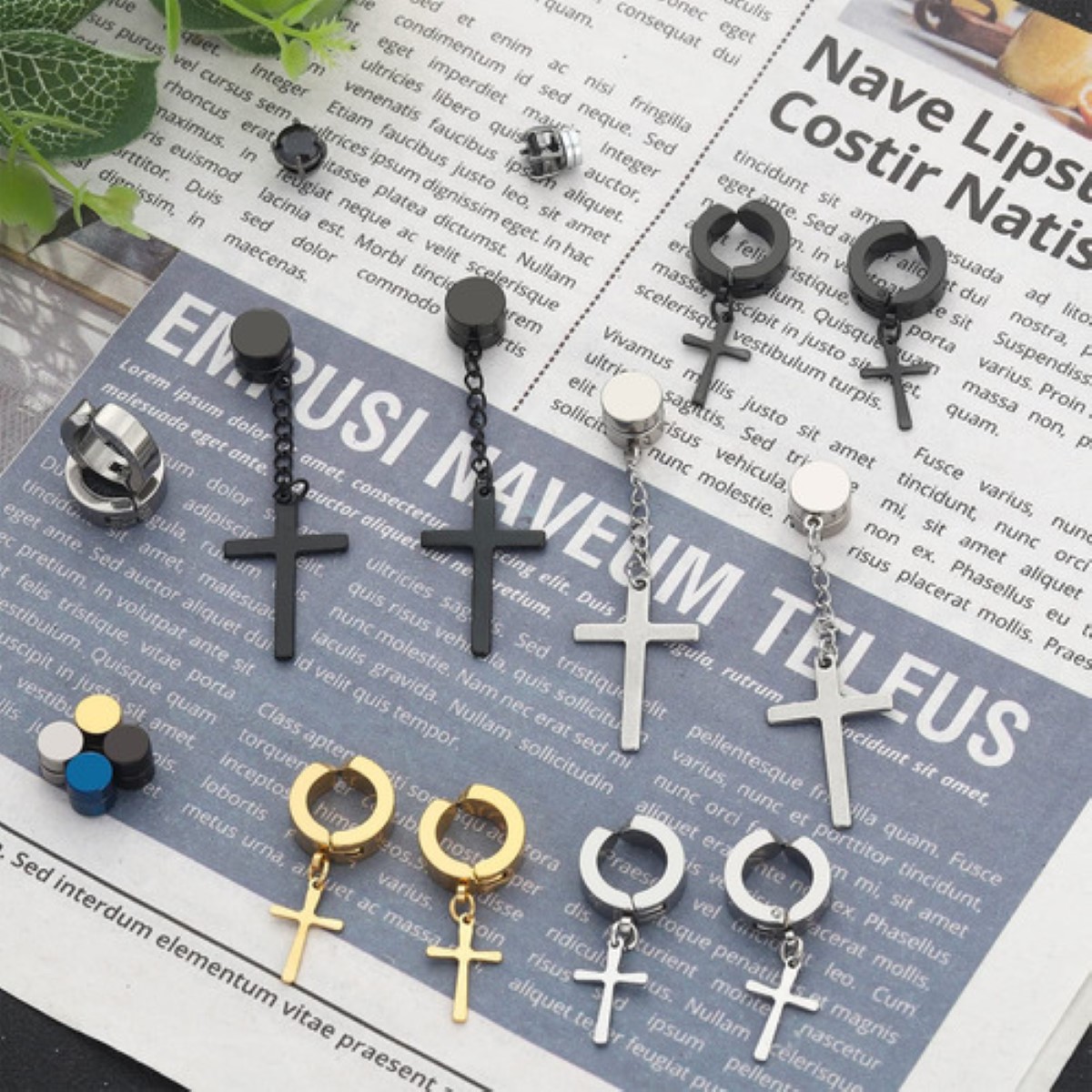 30 Piezas Aretes Falsos Piercing Hombre Imán Acero Cruz NEGRO PLATA DORADO AZUL