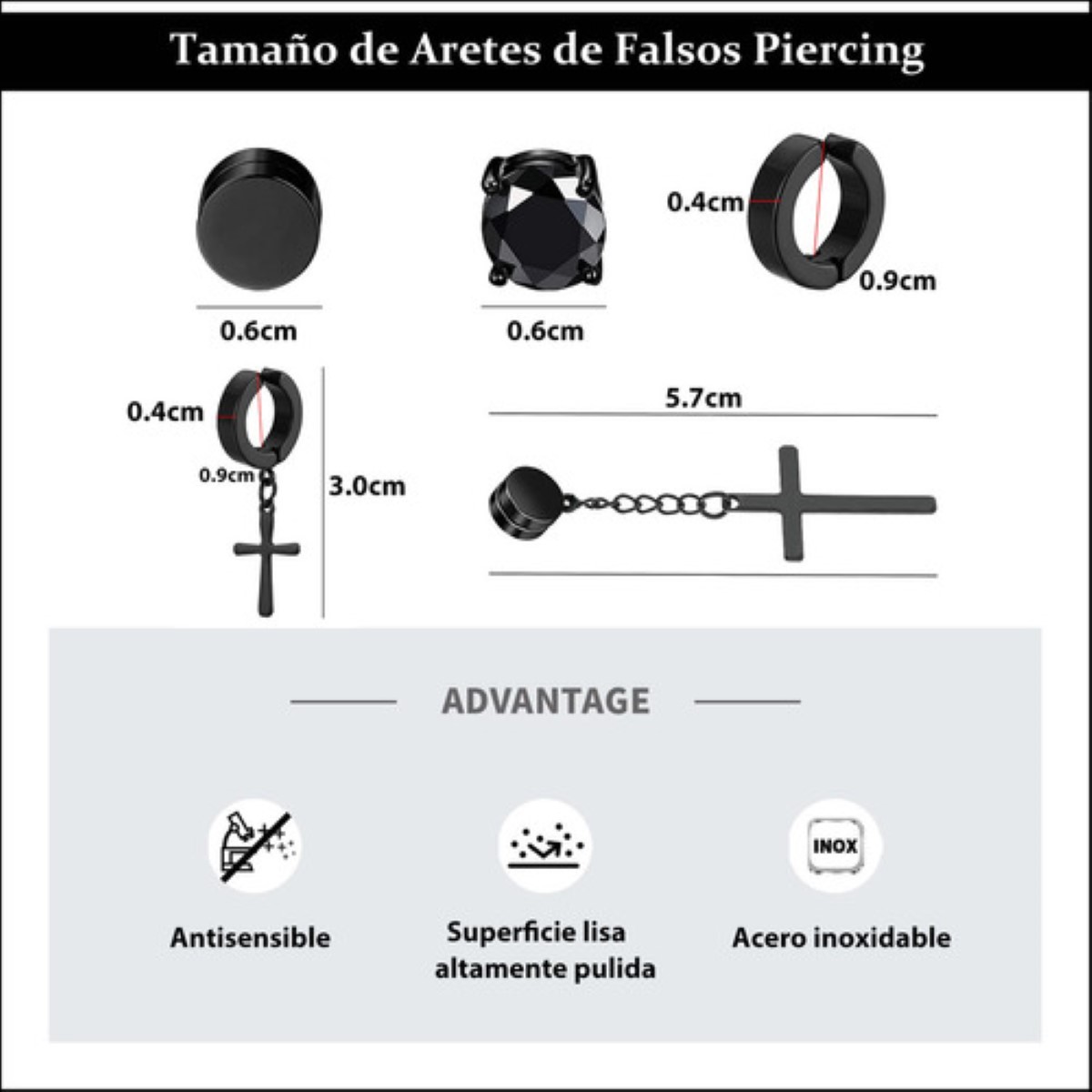 30 Piezas Aretes Falsos Piercing Hombre Imán Acero Cruz NEGRO PLATA DORADO AZUL