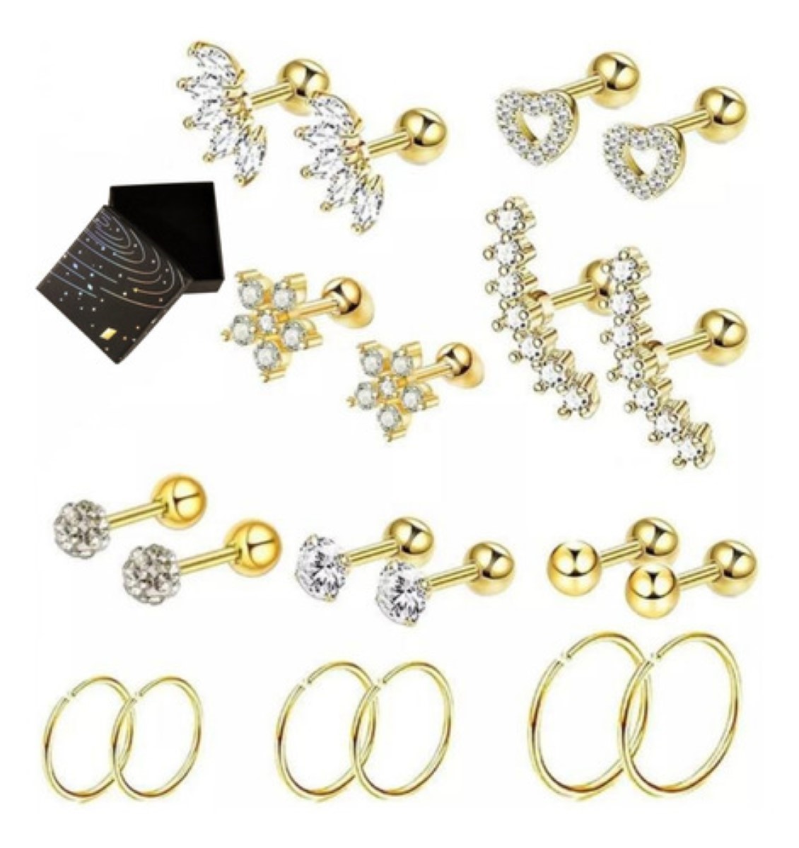 12pc Piercing Nariz Joyería Plata Acero Inoxidable Mujer PLATA