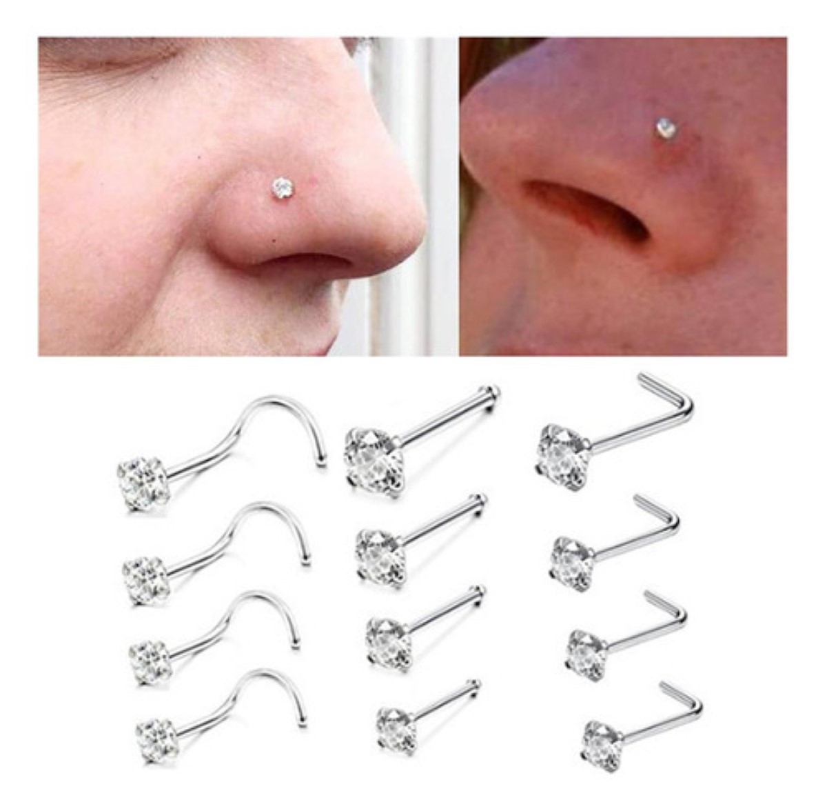 12pc Piercing Nariz Joyería Plata Acero Inoxidable Mujer PLATA