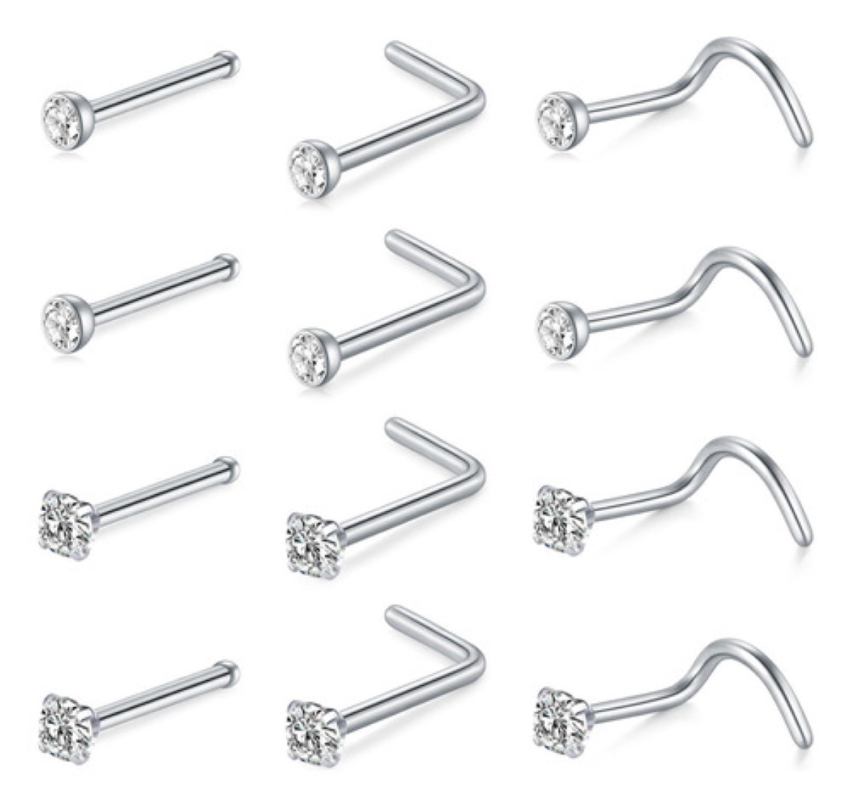 12pc Piercing Nariz Joyería Plata Acero Inoxidable Mujer PLATA