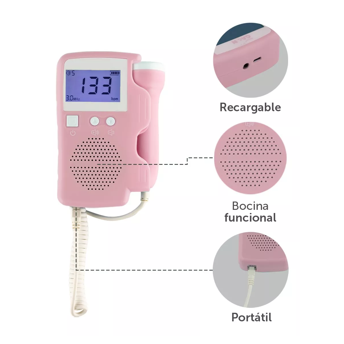 Ultrasonido Portatil Doppler Fetal Oye Latidos De Tu Bebe Rosa