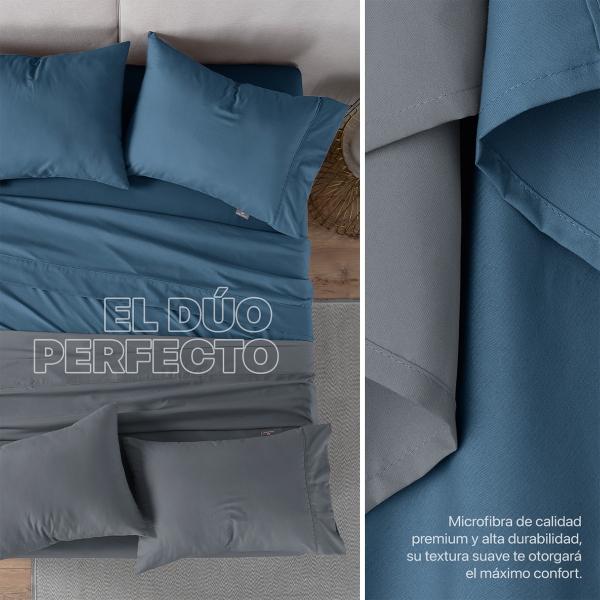 Sábanas de Microfibra Set de 2 Juegos Queen Size, Paquete con Sábanas Hipoalergénicas, Suaves y Frescas + Fundas (Azul y Gris Oscuro) REAL TEXTIL