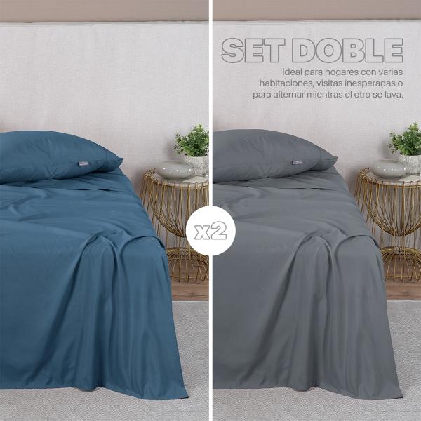 Sábanas de Microfibra Set de 2 Juegos Queen Size, Paquete con Sábanas Hipoalergénicas, Suaves y Frescas + Fundas (Azul y Gris Oscuro) REAL TEXTIL