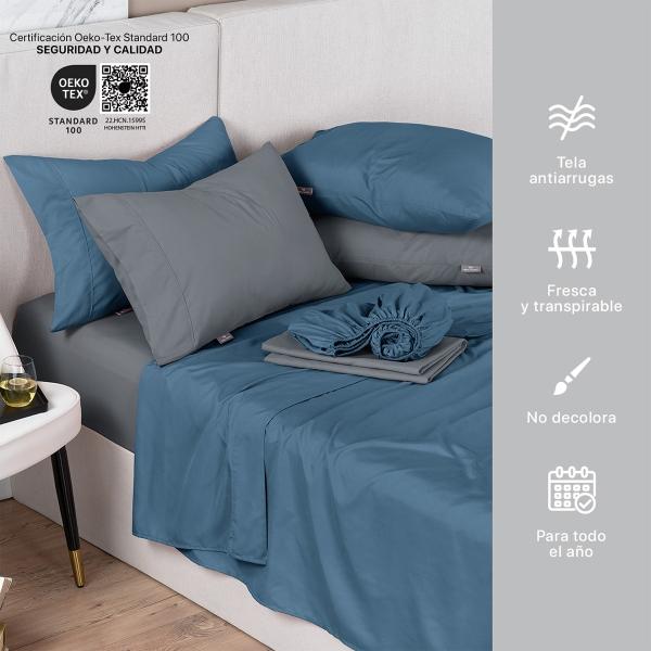 Sábanas de Microfibra Set de 2 Juegos Queen Size, Paquete con Sábanas Hipoalergénicas, Suaves y Frescas + Fundas (Azul y Gris Oscuro) REAL TEXTIL