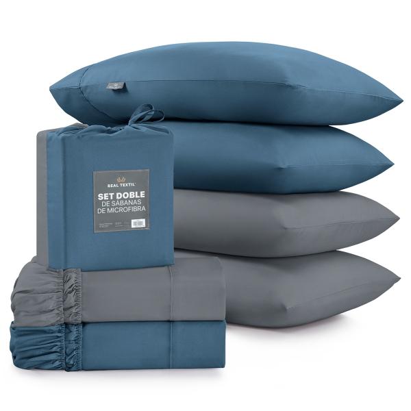 Sábanas de Microfibra Set de 2 Juegos Queen Size, Paquete con Sábanas Hipoalergénicas, Suaves y Frescas + Fundas (Azul y Gris Oscuro) REAL TEXTIL