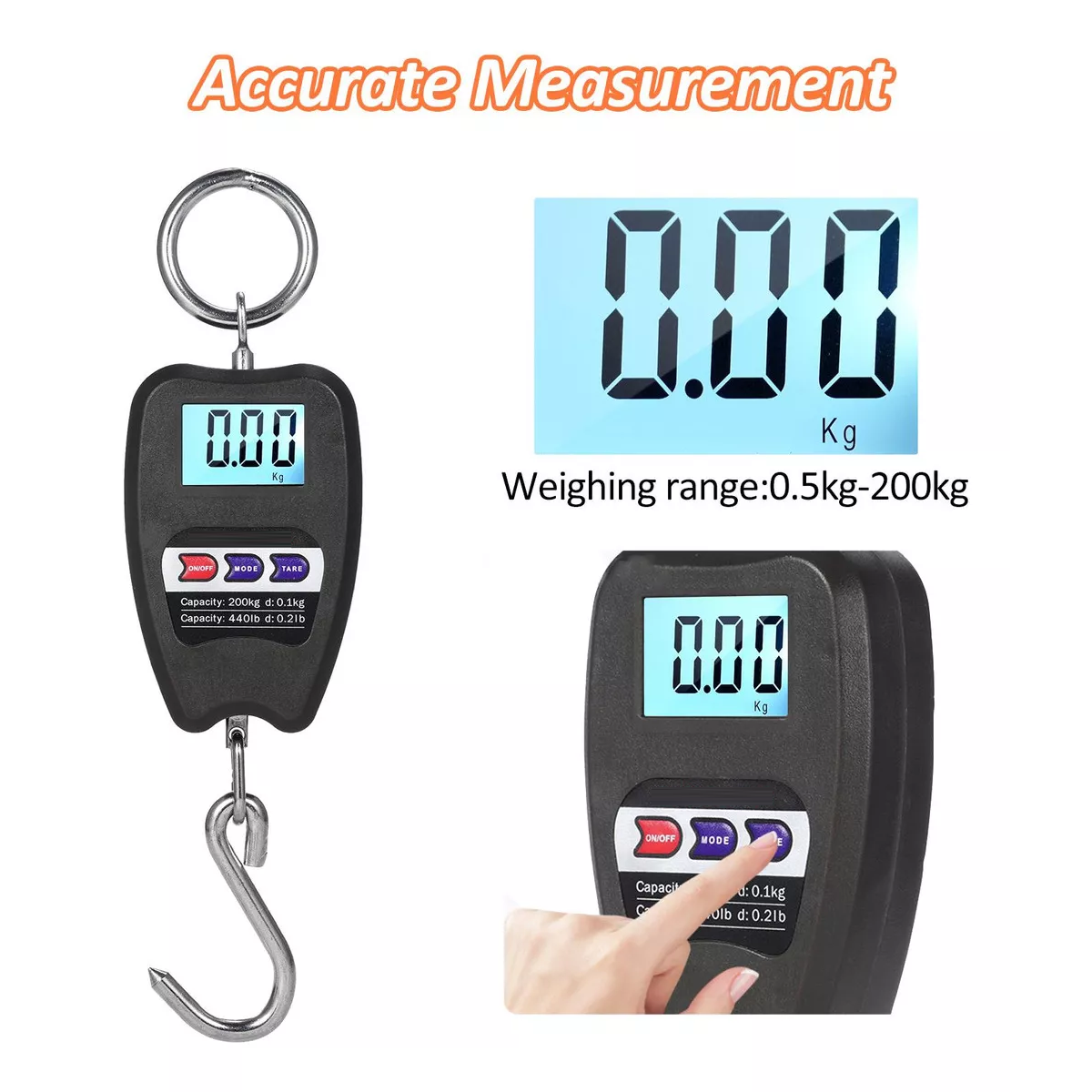 Báscula Balanza Colgante Gancho Digital Lcd Portátil 200kg Color Negro