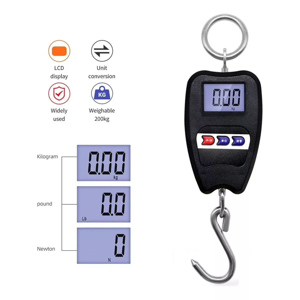 Báscula Balanza Colgante Gancho Digital Lcd Portátil 200kg Color Negro