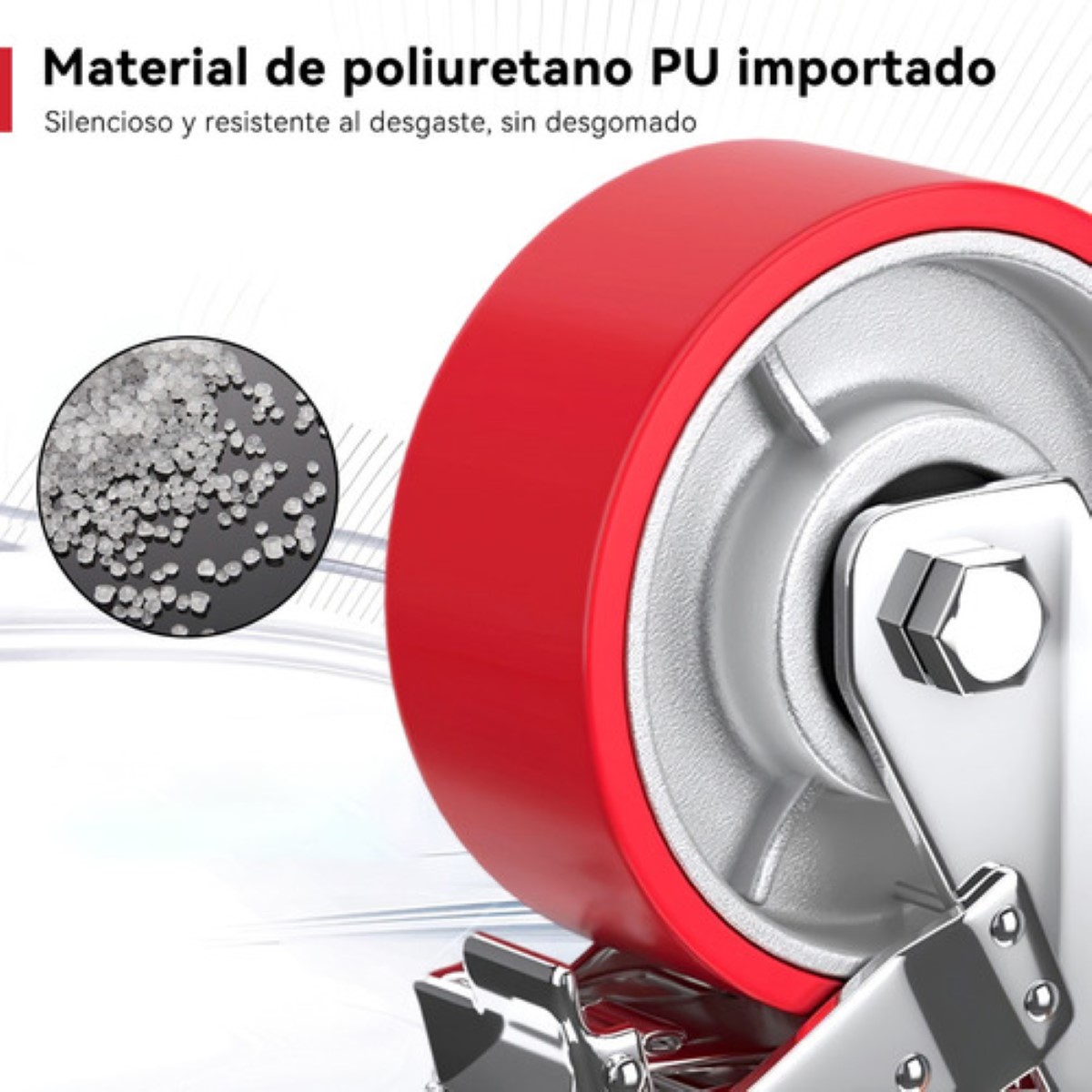 Llanta Industrial Pu 6x2 Freno Total, Soporta Hasta 450kg rojo plata 
