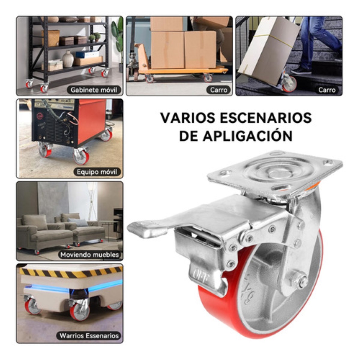 Llanta Industrial Pu 6x2 Freno Total, Soporta Hasta 450kg rojo plata 