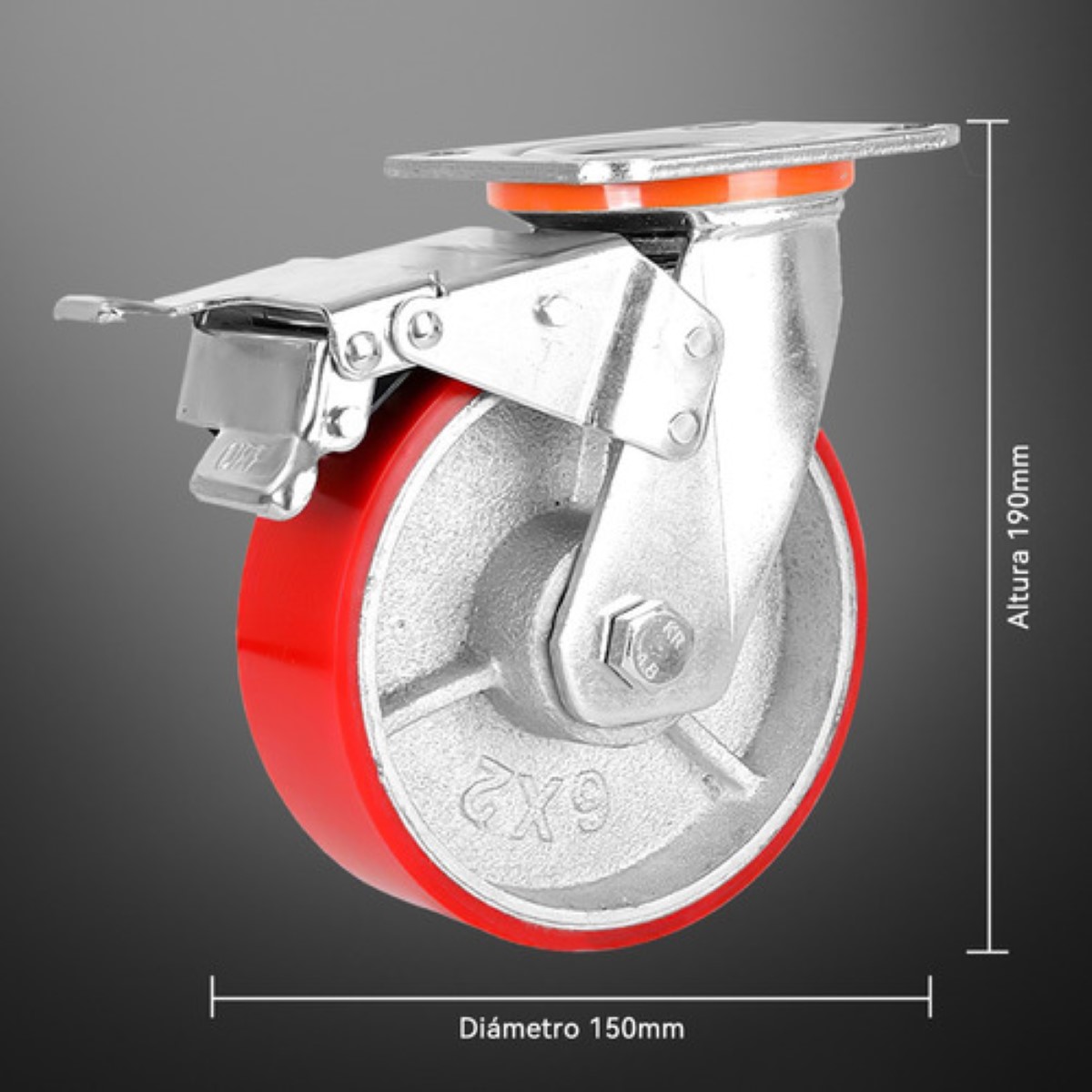 Llanta Industrial Pu 6x2 Freno Total, Soporta Hasta 450kg rojo plata 