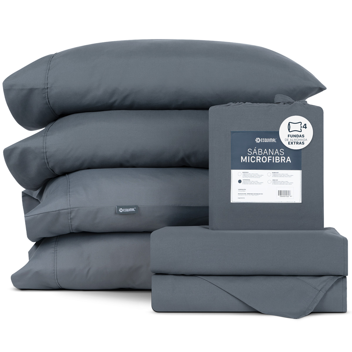 Juego de Sábanas de Microfibra Matrimonial + Fundas de Almohada Extra, Suaves y Frescas Gris Oscuro ESQUIMAL