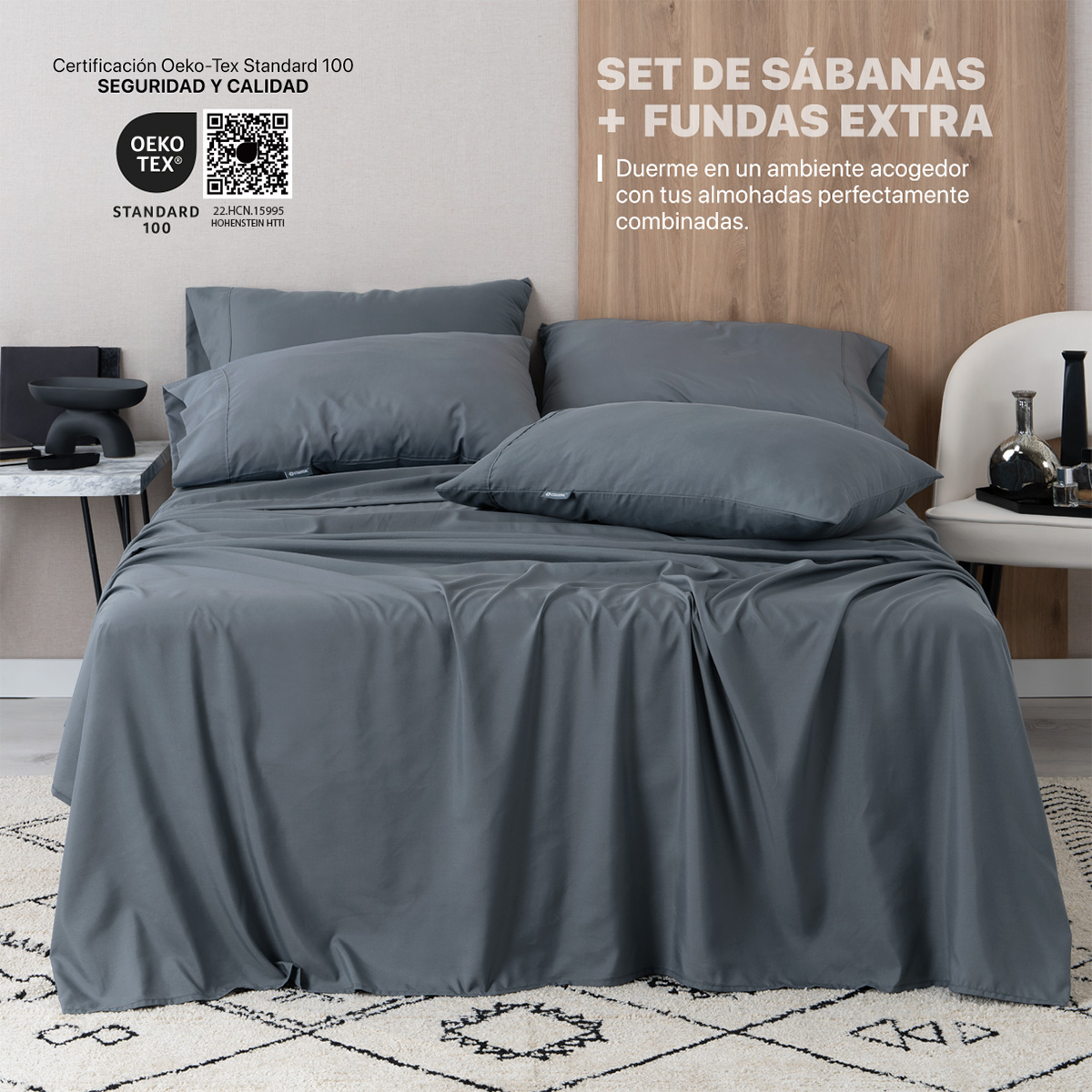 Juego de Sábanas de Microfibra Matrimonial + Fundas de Almohada Extra, Suaves y Frescas Gris Oscuro ESQUIMAL
