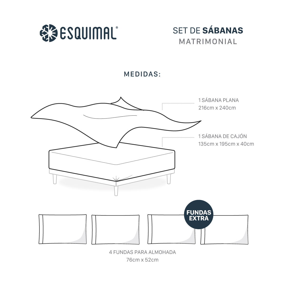 Juego de Sábanas de Microfibra Matrimonial + Fundas de Almohada Extra, Suaves y Frescas Gris Oscuro ESQUIMAL