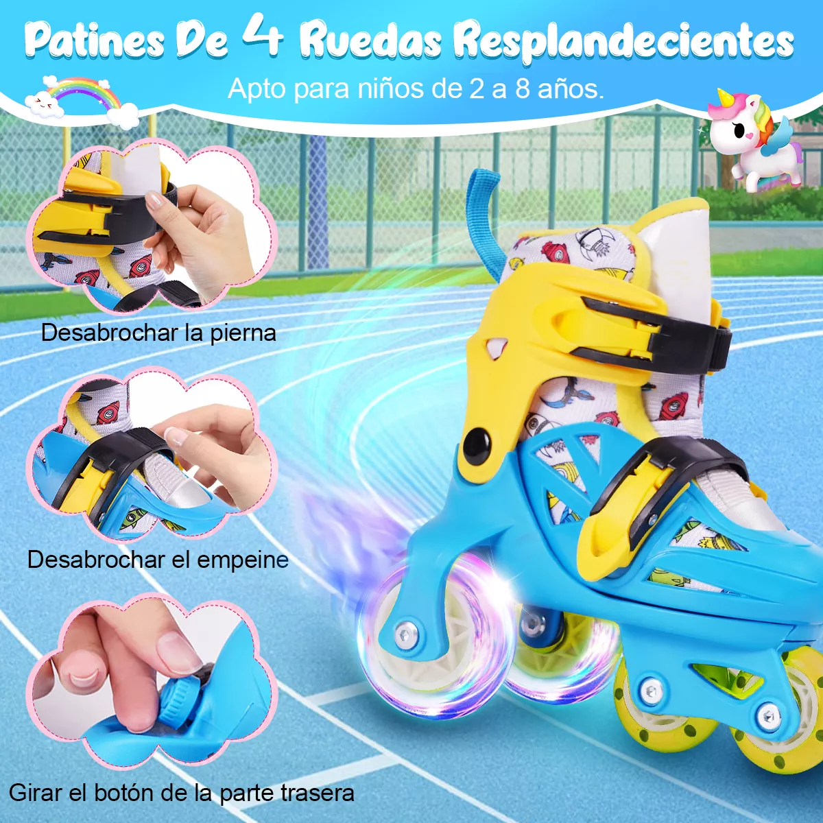 Patines 4 Ruedas Ajustable Niño Niña Con Led ProteccionesTalla: S