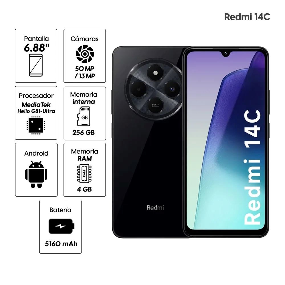 XIAOMI REDMI 14C 256Gb 8Ram, Dual Sim, Libre, Color Negro