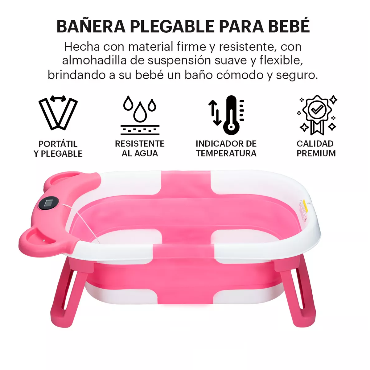 Bañera Tina Baño Bebe Plegable Portátil Con Cojín Termometro Rosa