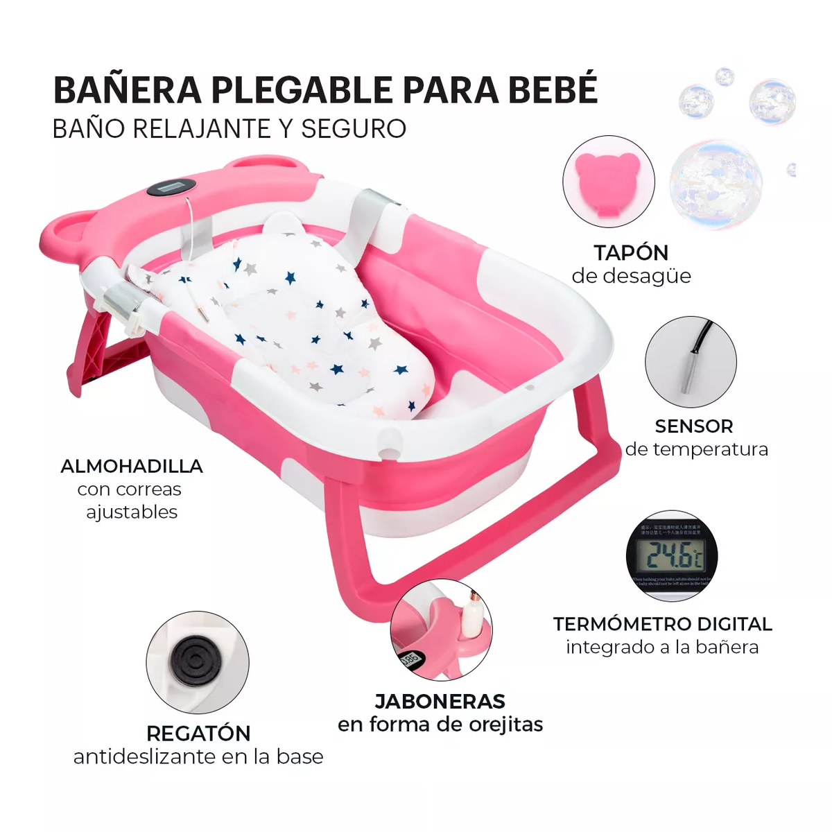 Bañera Tina Baño Bebe Plegable Portátil Con Cojín Termometro Rosa