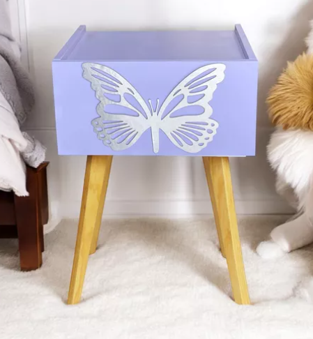 Buro Mesa De Noche C/luz Led Niñas Mariposa Recámara Lila