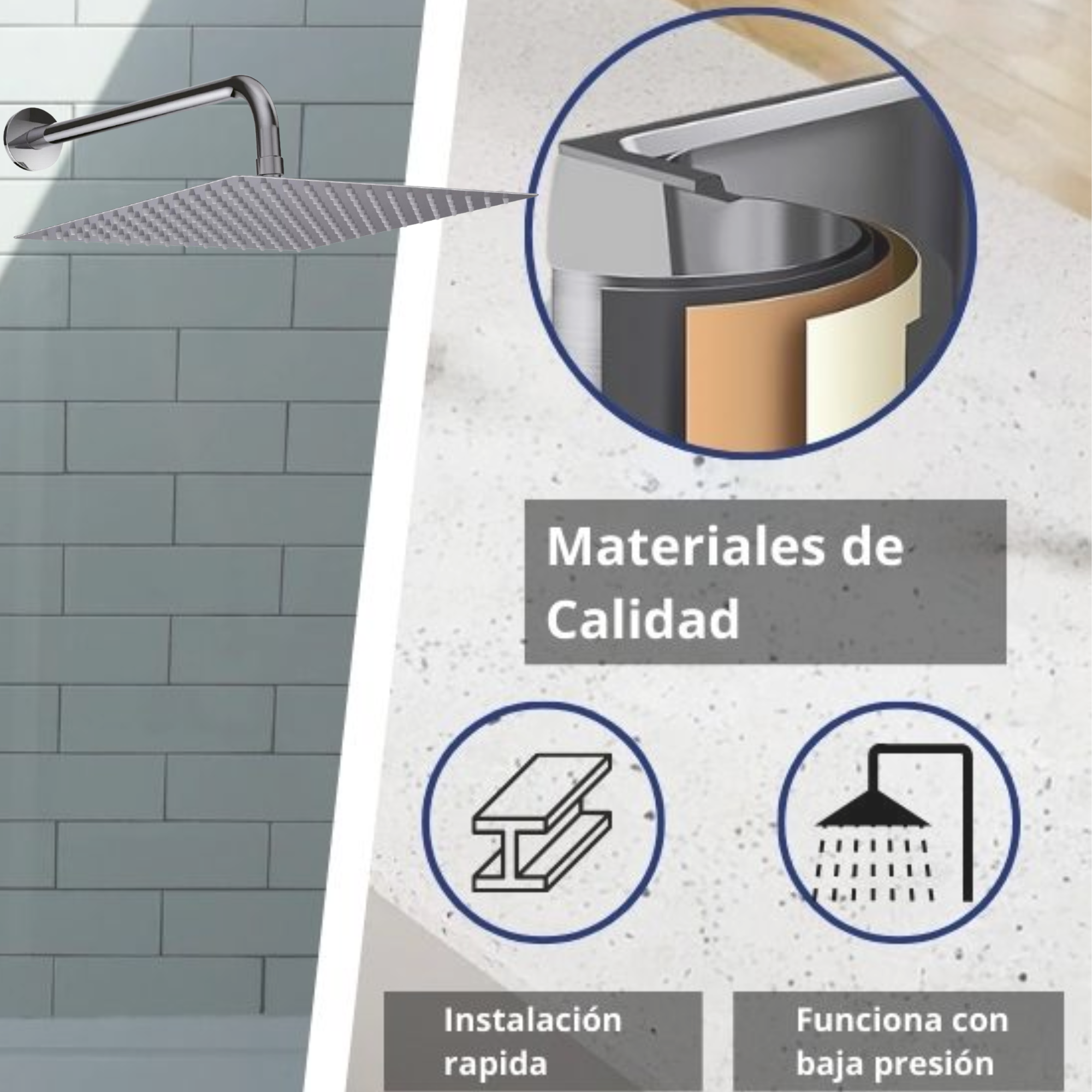 Regaderas Cuadradas 12 Pulgadas (30 cm x 30 cm) en Acero Inox, Incluye brazo de 40 cm, Sensación de Lluvia Relajante