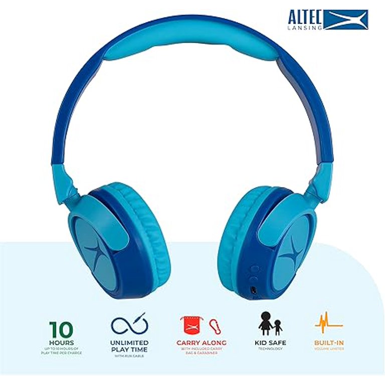 audifonos  Altec Lansing  Bluetooth 2 en 1 seguros para niños, sonido cristalino, limitación de volumen segura, diseño plegable, disfruta del audio y protege la audición de tu hijo
