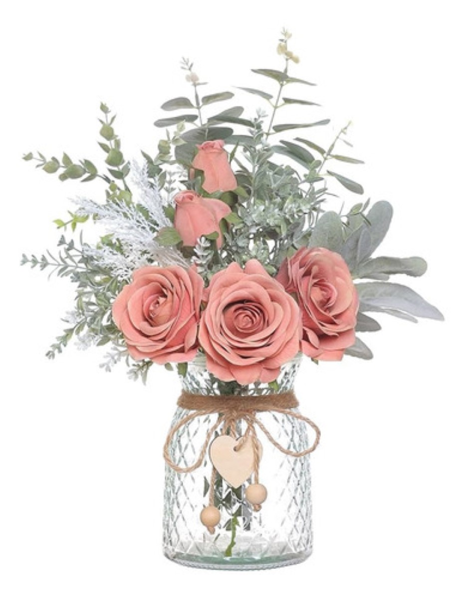 Adornos De Mesa Peonias Ramo De Flor Artificials CORAL +florero transparente
