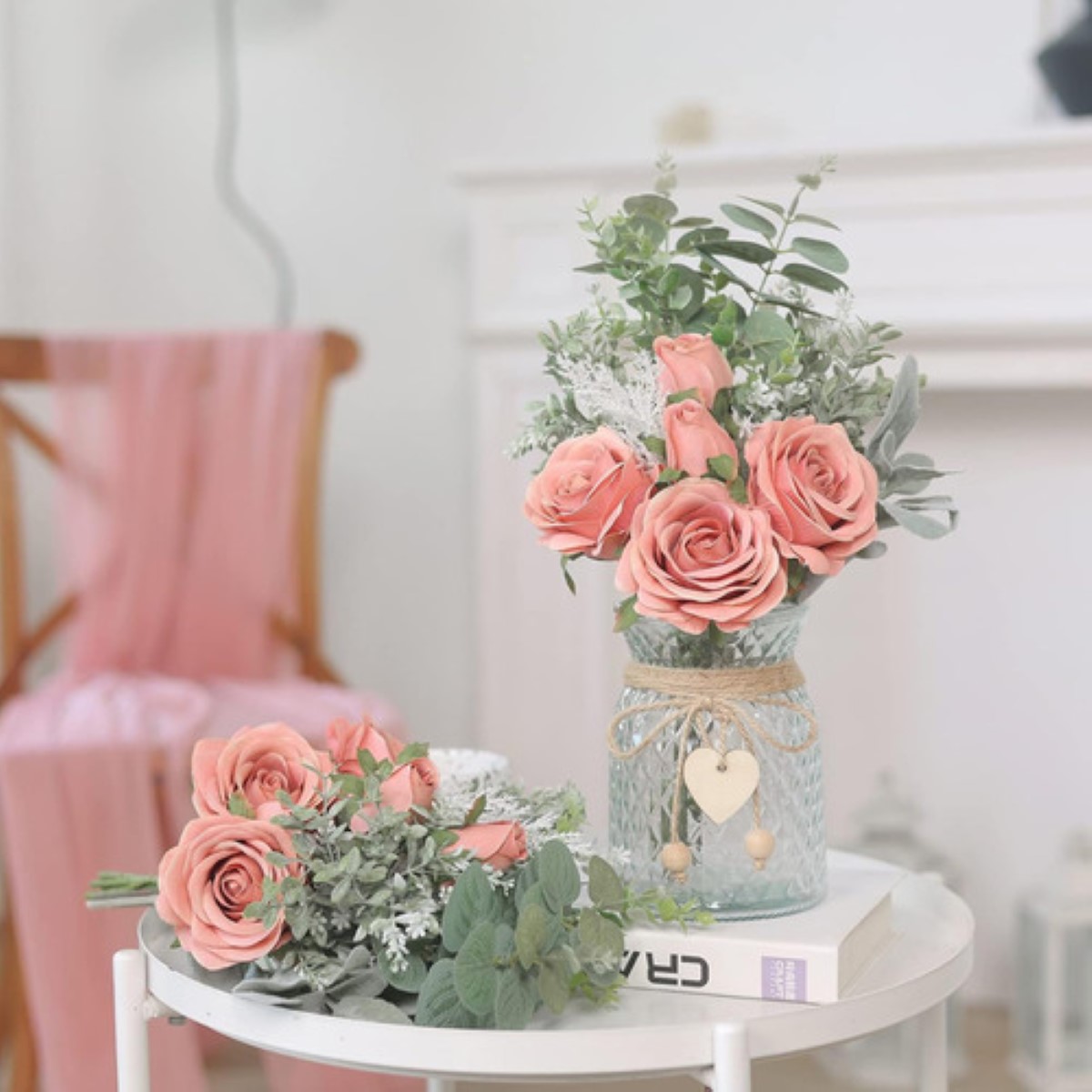 Adornos De Mesa Peonias Ramo De Flor Artificials CORAL +florero transparente