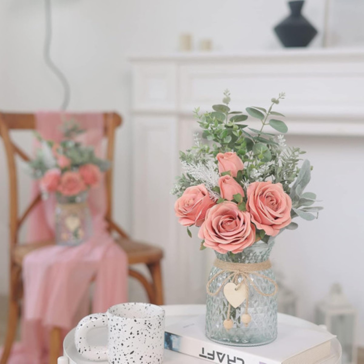 Adornos De Mesa Peonias Ramo De Flor Artificials CORAL +florero transparente