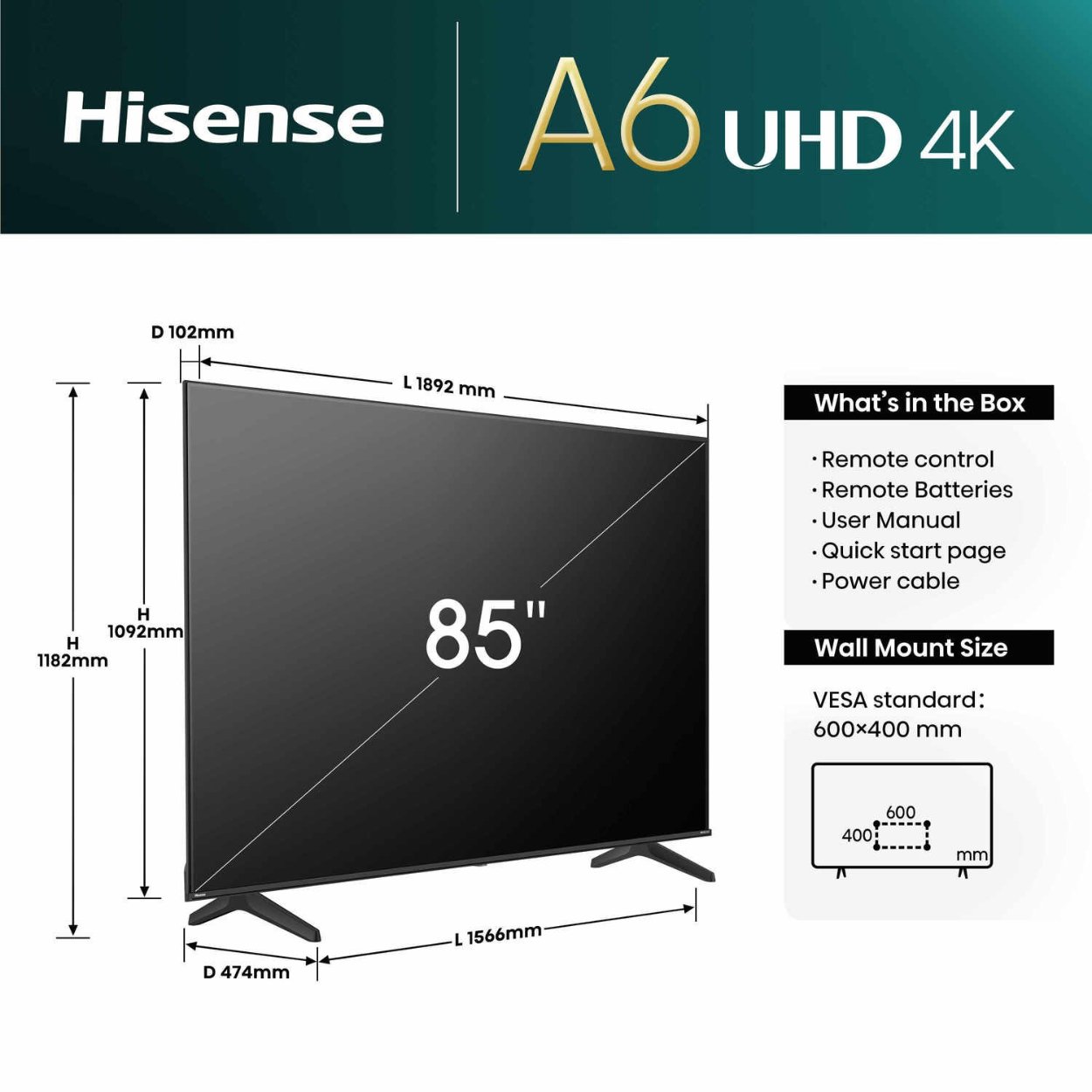 Televisión Pantalla 85 Pulgadas Hisense Googkle TV 4K UHD 85A6N
