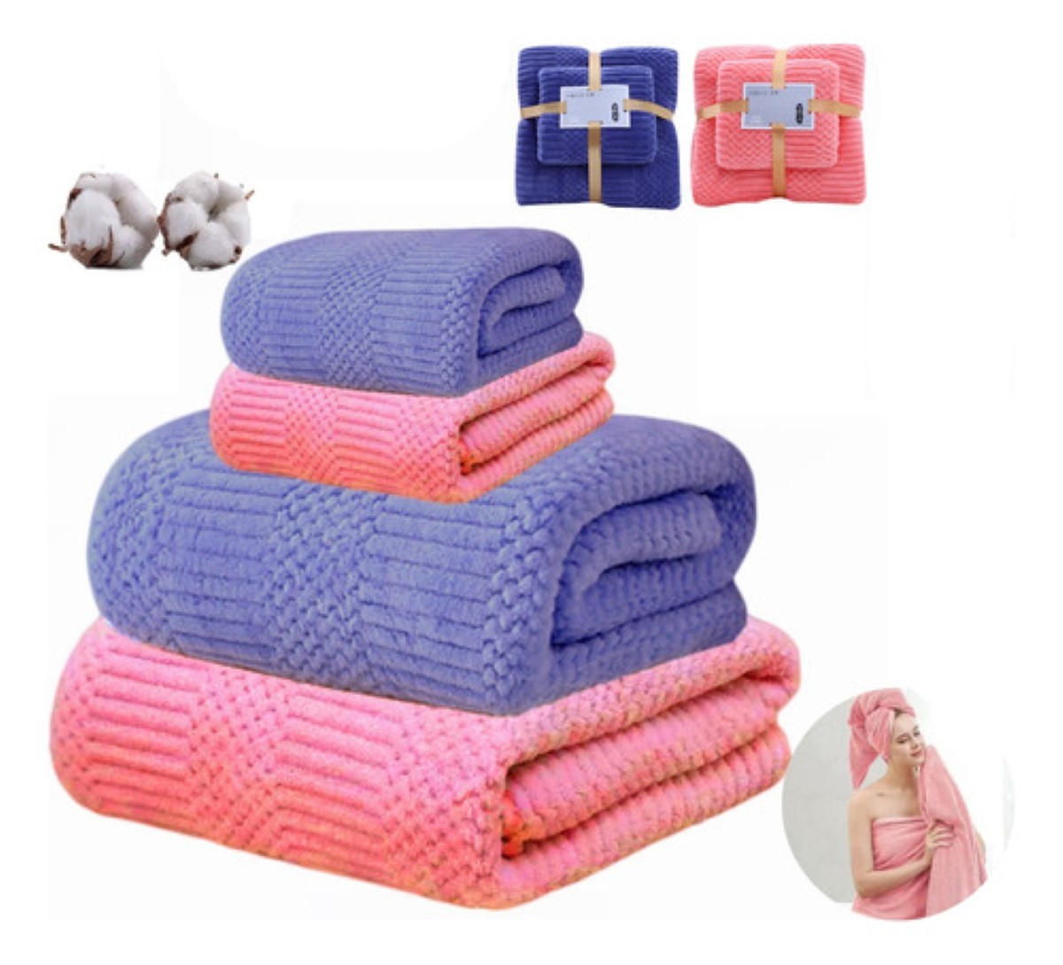 4 Pzs Juego Toalla Baño,lana Coral Suave De Alta Densidad azul rosa