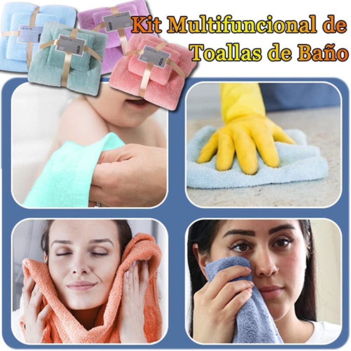 4 Pzs Juego Toalla Baño,lana Coral Suave De Alta Densidad azul rosa