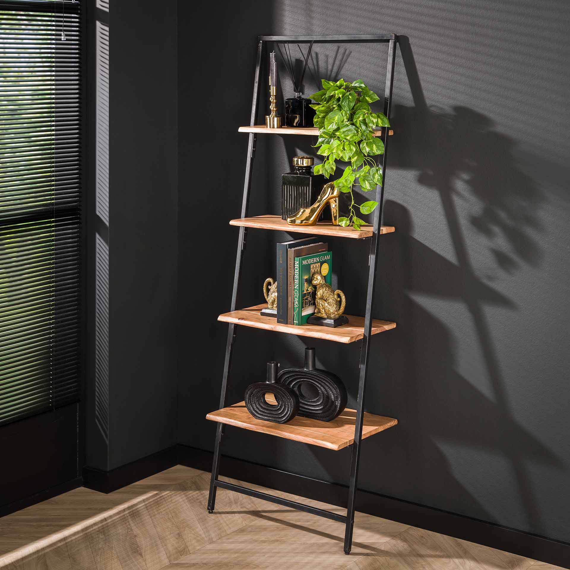 Librero de Pared de Acero Inoxidable Pisa Estilo Minimalista de 4 Niveles de Madera de Pino