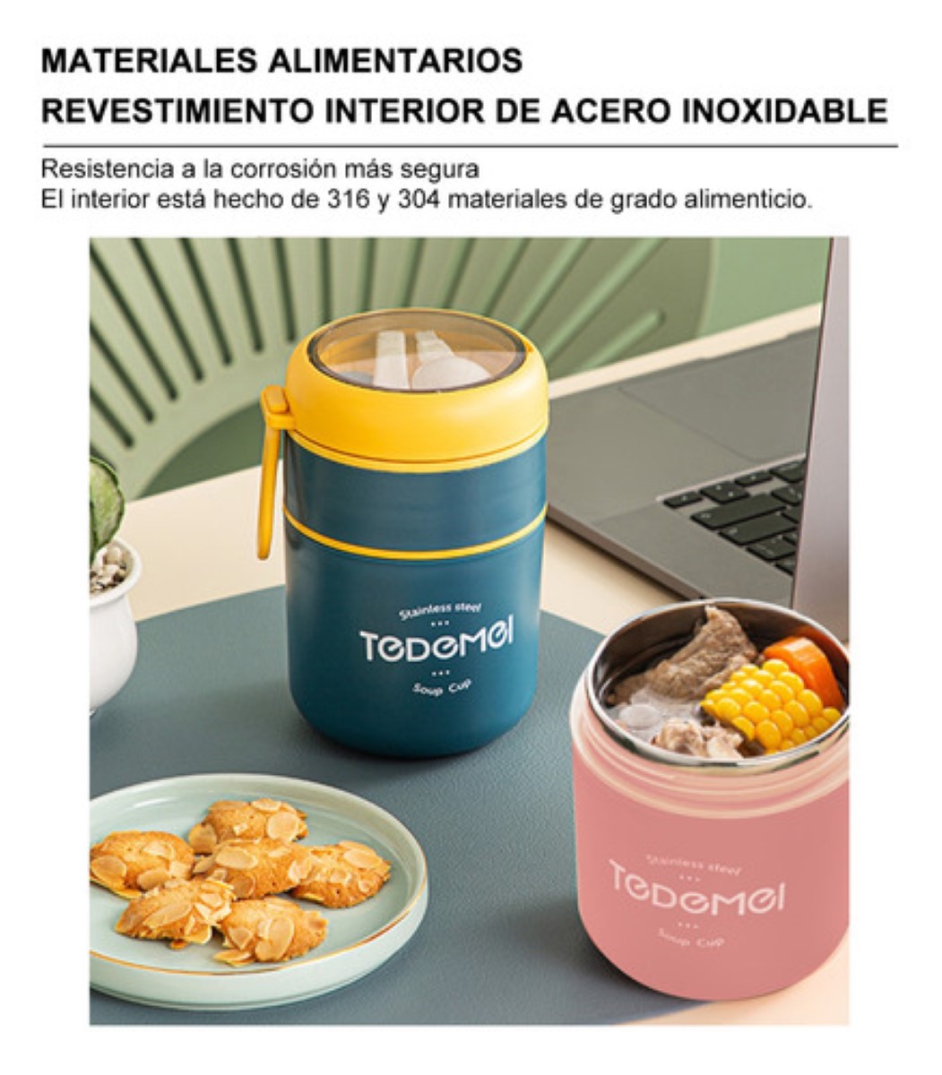Fiambrera Aislante Acero Inoxidable 710ml De Incluye Cuchara Azul amarillo