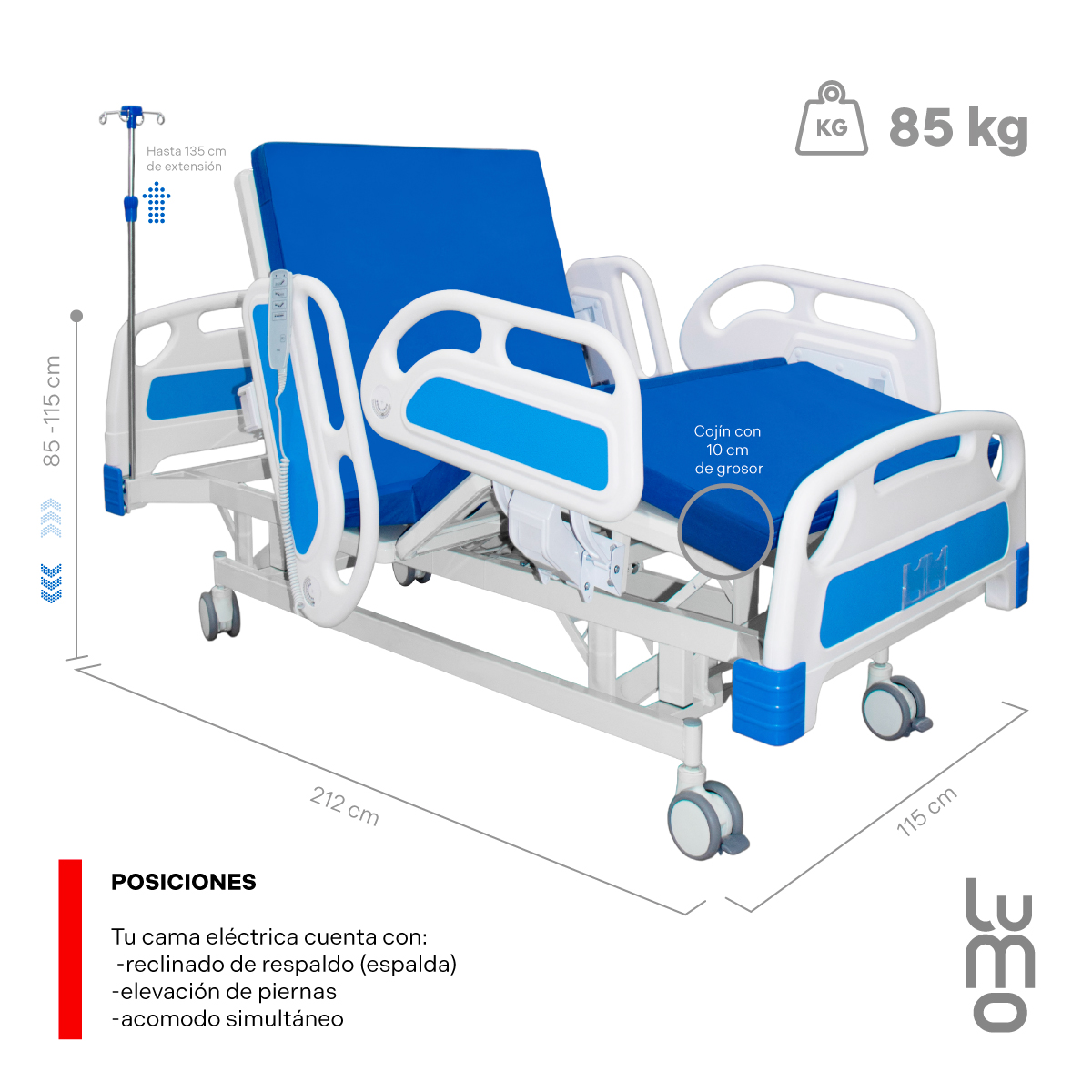 Cama Hospitalaria Electrica 4 Posiciones Altura Ajustable