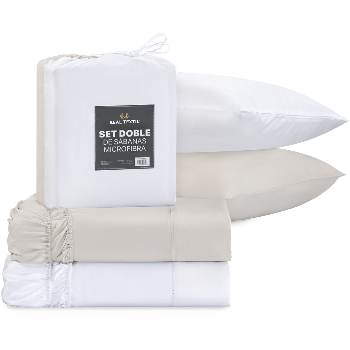 Sábanas de Microfibra Set de 2 Juegos Individual, Paquete con Sábanas Hipoalergénicas, Suaves y Frescas + Fundas (Blanco y Beige) REAL TEXTIL