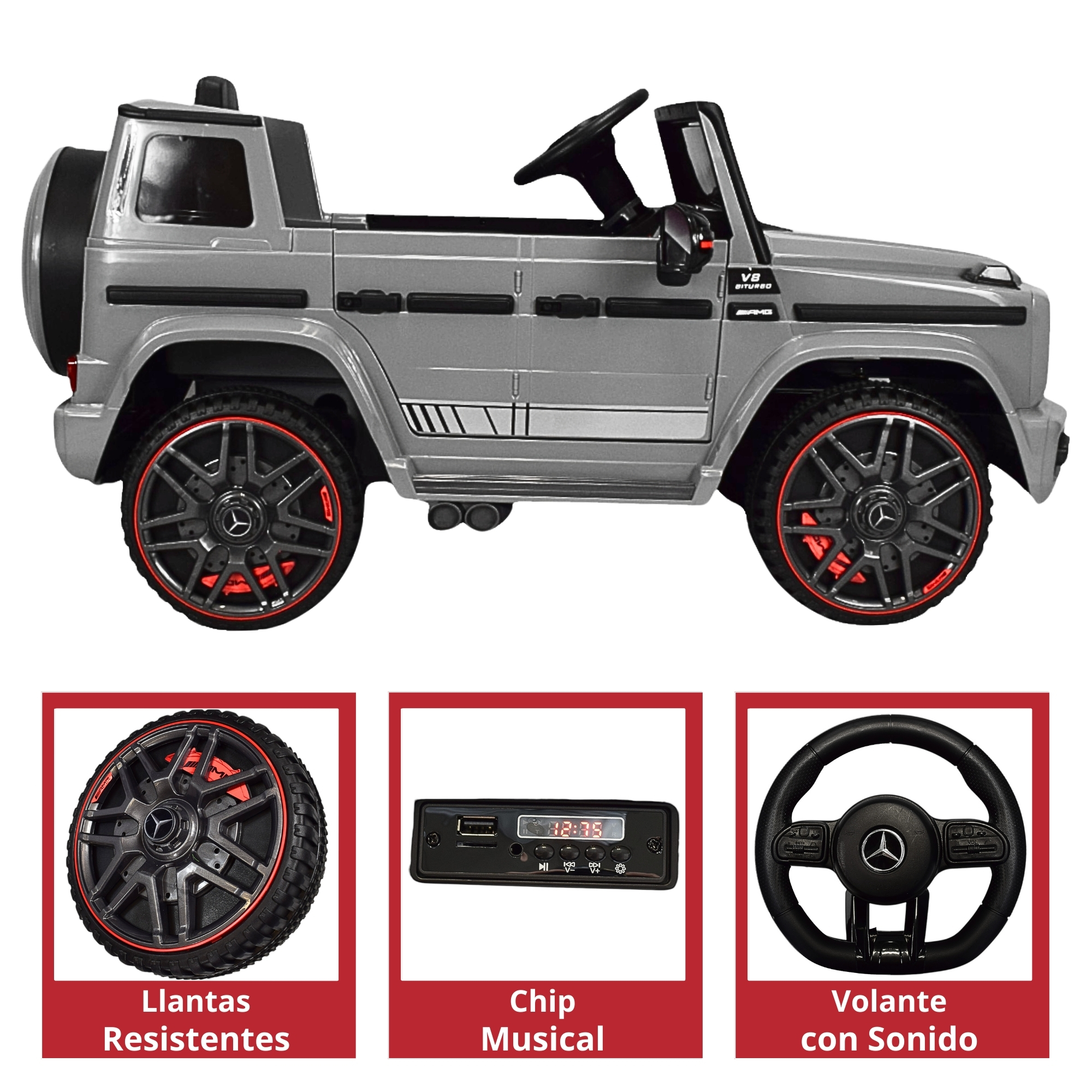 Montable Electrico AMG Camioneta Mercedes-Benz G63 Control Remoto 12v Luz y Sonido Conexión USB, Micro SD, MP3 Soporta Hasta 35 kg - Gris