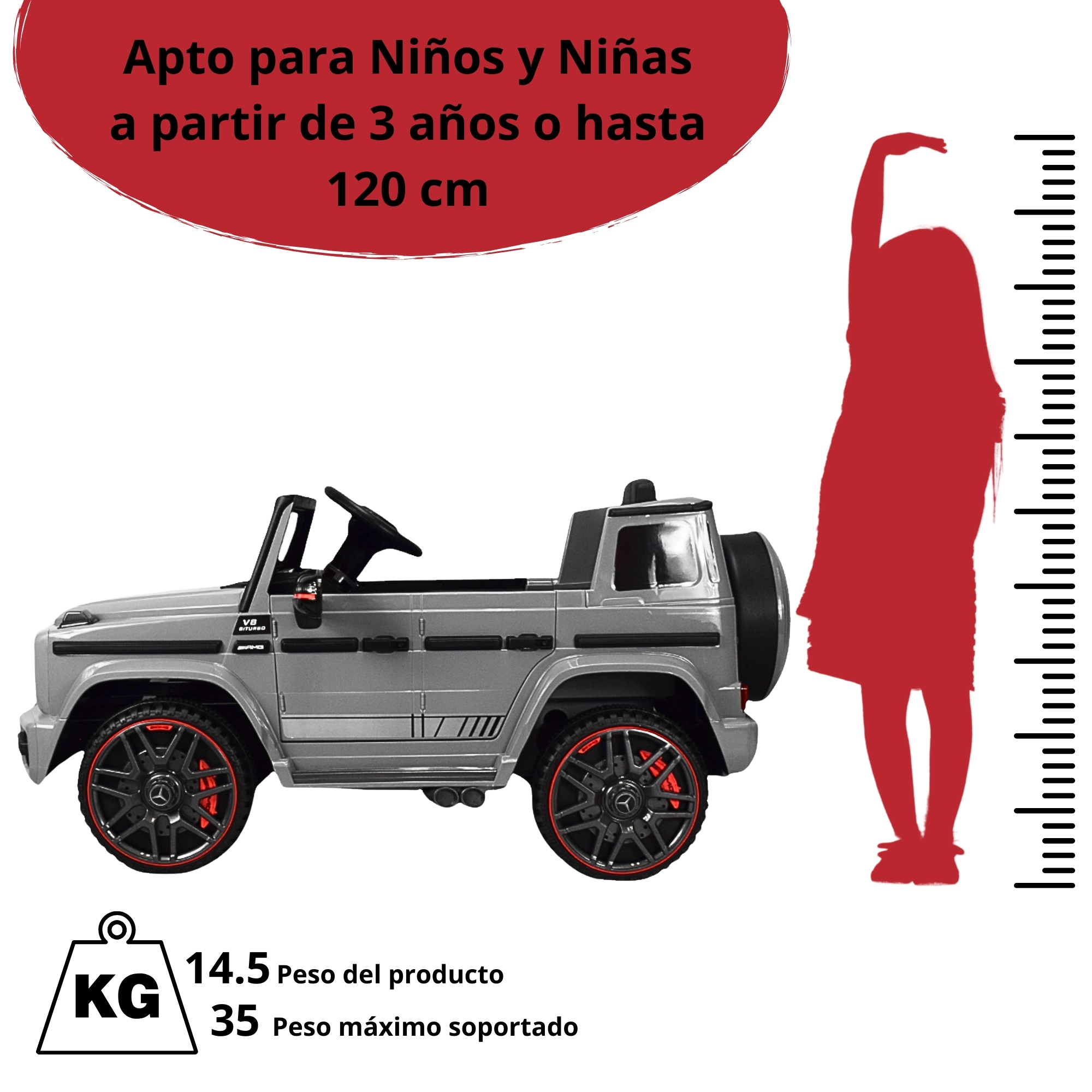 Montable Electrico AMG Camioneta Mercedes-Benz G63 Control Remoto 12v Luz y Sonido Conexión USB, Micro SD, MP3 Soporta Hasta 35 kg - Gris